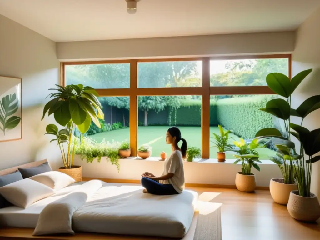 Un dormitorio sereno iluminado por el sol con vista a un exuberante jardín