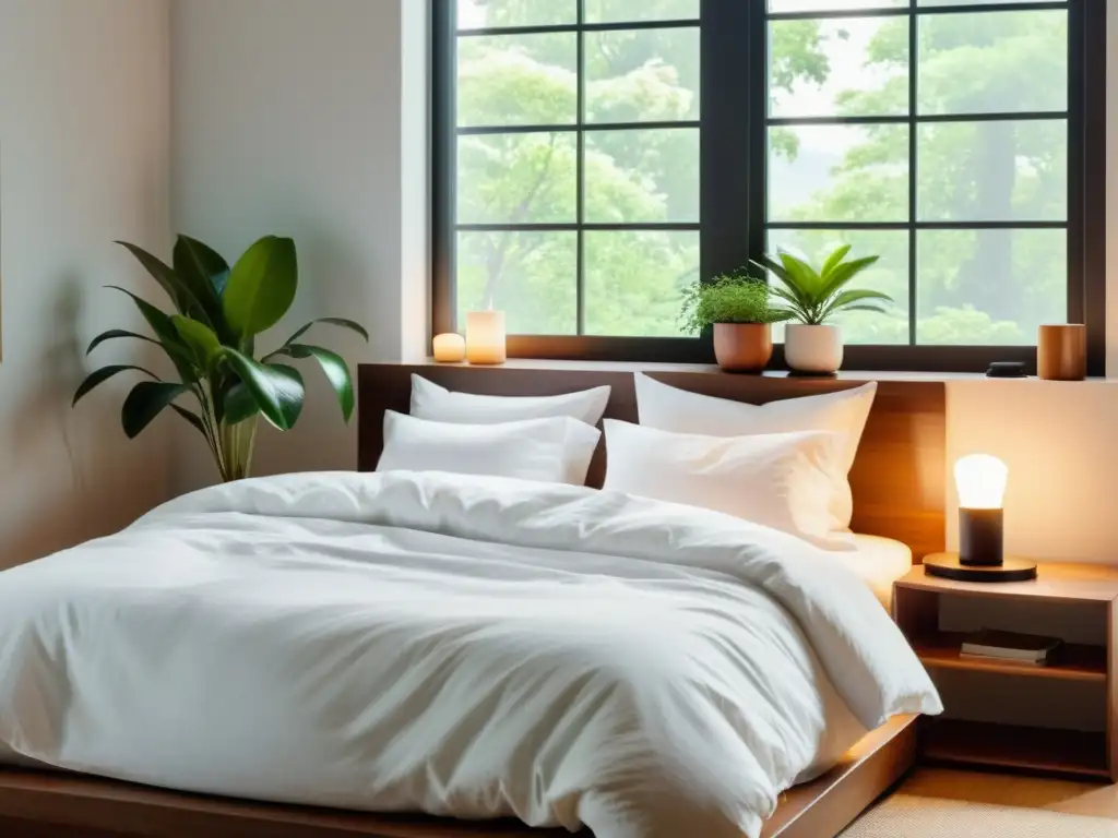 Un dormitorio sereno y minimalista con luz natural que ilumina una cama ordenada, libros y una planta en la mesita de noche