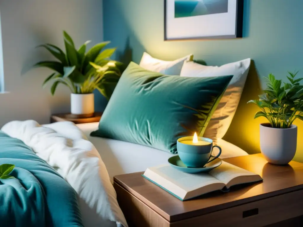 Refugio de Serenidad: Dormitorio 8k con Ambiente Relajante Un dormitorio sereno con iluminación suave, cama acogedora, plantas verdes y libros sobre relajación para mejorar sistema inmunológico con sueño
