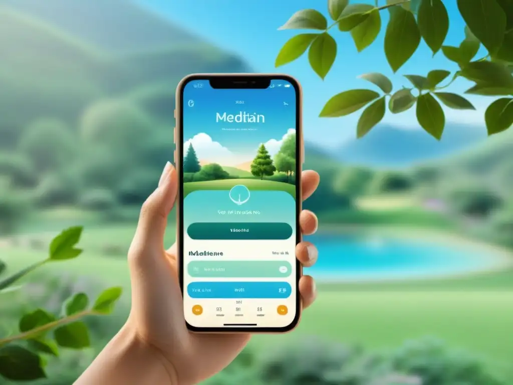 Efectos del estrés en el sistema inmunológico: Interfaz relajante de app de meditación en smartphone, con colores suaves y naturaleza serena