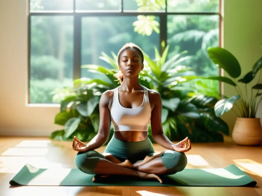 Ejercicios de meditación para fortalecer defensas: Persona meditando en un espacio soleado rodeado de vegetación exuberante, en profunda calma