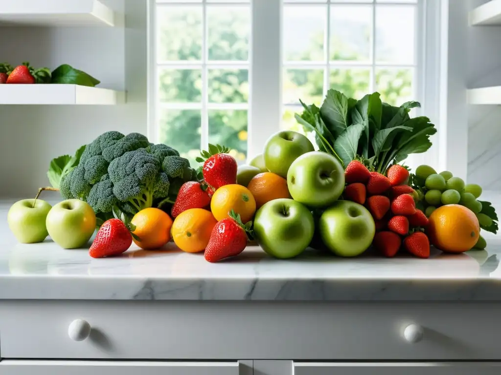 Una elegante y apetitosa exhibición de frutas y verduras frescas en un moderno mostrador de mármol blanco