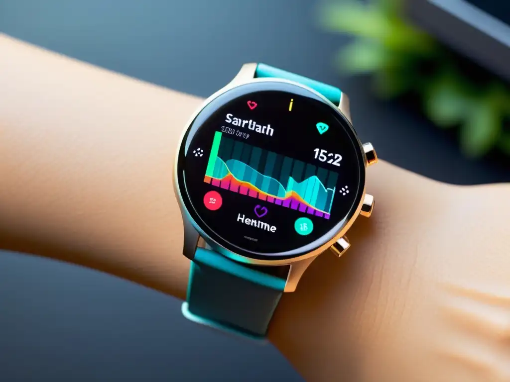 Un elegante smartwatch con pantalla vibrante y nítida, mostrando gráficos detallados de la dieta inmunológica