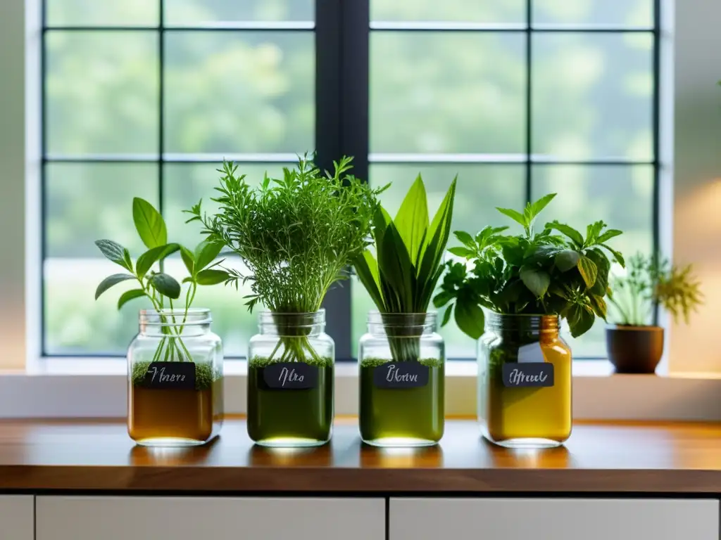 Encantadora cocina moderna con hierbas para equilibrar sistema inmunológico en elegantes recipientes, bañada por cálida luz natural