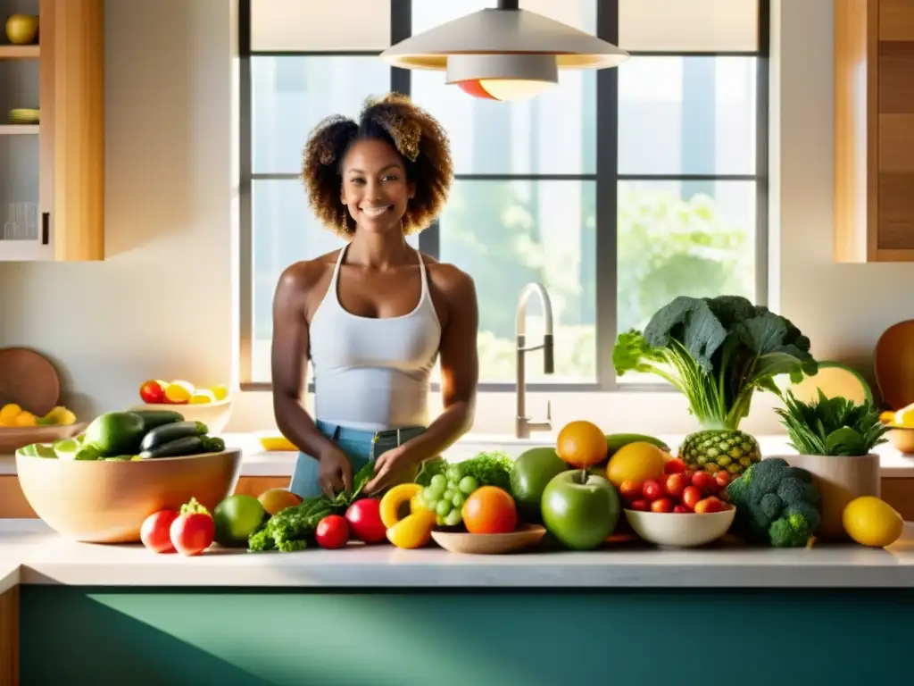 Nutrición para enfermedades autoinmunes: Una cocina vibrante llena de frutas y verduras coloridas, bañadas por la cálida luz del sol