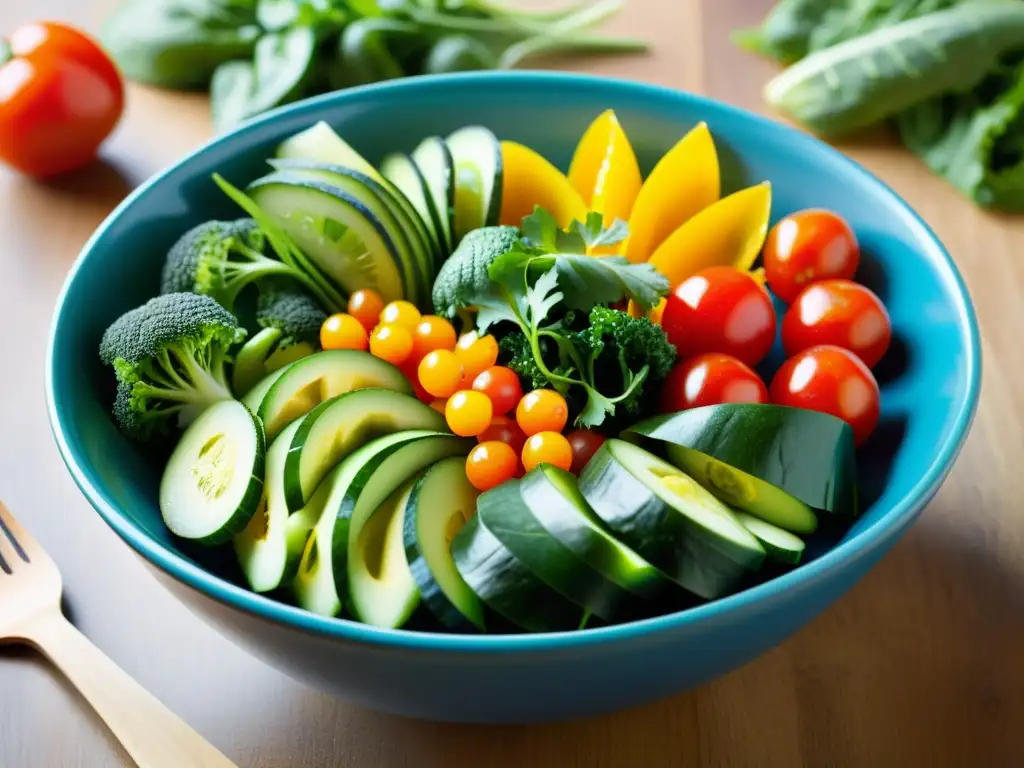 Una ensalada vibrante y colorida con ingredientes frescos y crujientes, destacando la importancia de una alimentación saludable para la inmunidad