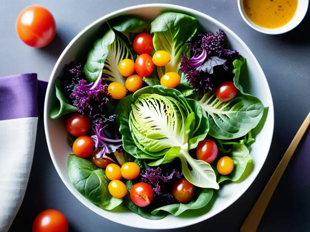 Una ensalada vibrante y colorida, llena de vegetales frescos y crujientes, realzando la belleza de la nutrición y la salud