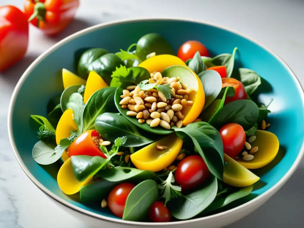 Una ensalada vibrante y colorida, llena de ingredientes frescos y nutritivos, perfecta para recetas que potencian la inmunidad