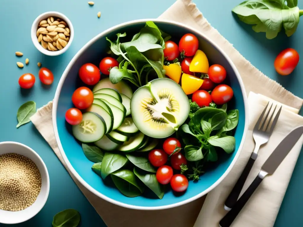 Ensalada vibrante y diversa con ingredientes frescos que fortalecen el sistema inmune, en un moderno y elegante tazón de ensalada