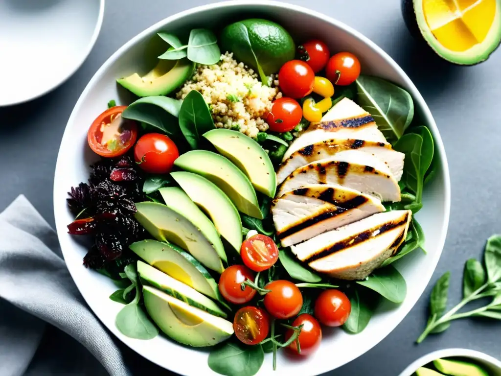 Una ensalada vibrante y nutritiva con ingredientes frescos, presentada de manera artística en un plato blanco minimalista