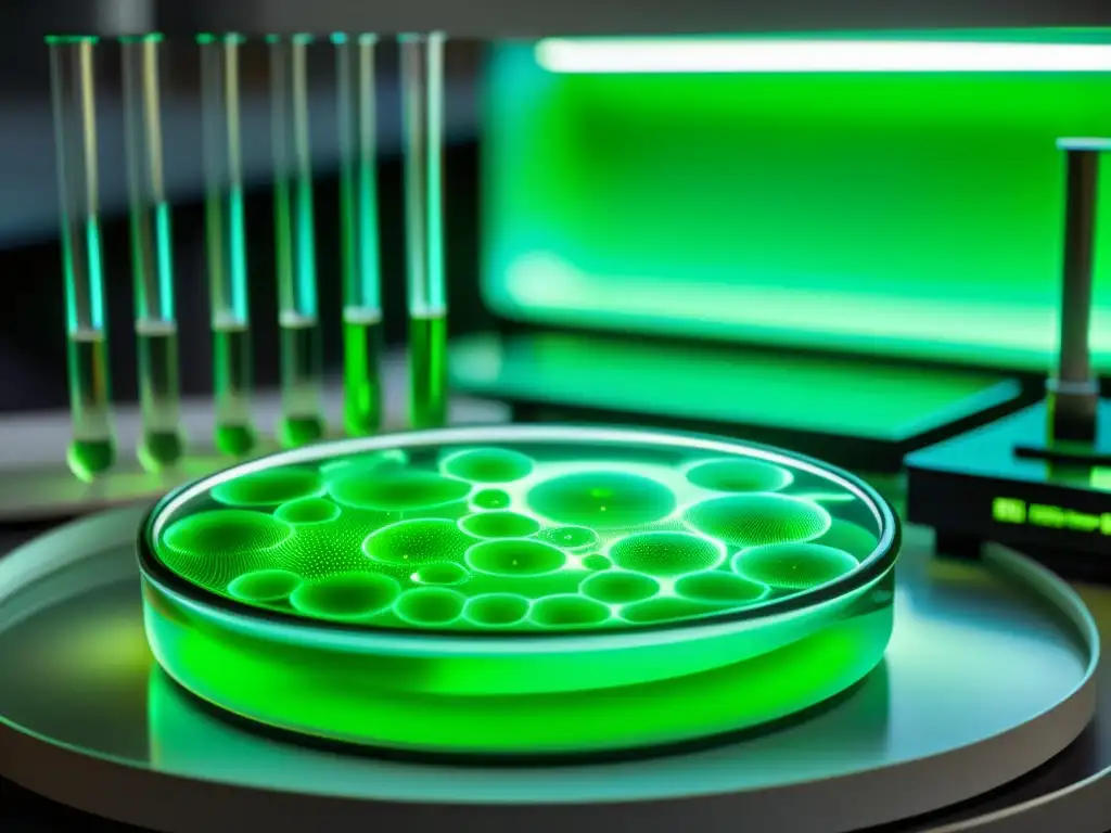 Un entorno científico futurista con petri dish de líquido verde luminoso, evocando descubrimientos en inmunología y glucosamina