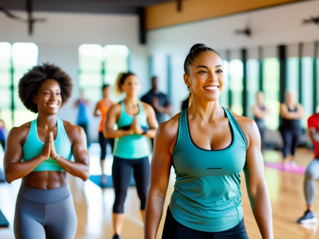 Un entrenador personal lidera un diverso grupo en una sesión de ejercicio dinámica y emocionante en un gimnasio luminoso