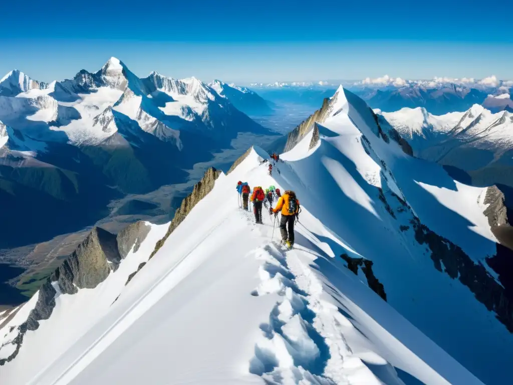 Entrenamiento en altitudes sistema inmunológico: Alpinistas escalando picos nevados en alta montaña, con vistas impresionantes y cielo azul intenso