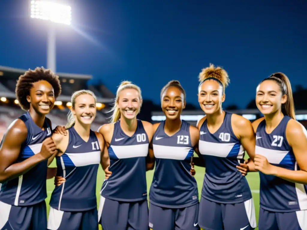 Equipo de atletas sonrientes celebra victoria en el campo bajo las luces del estadio