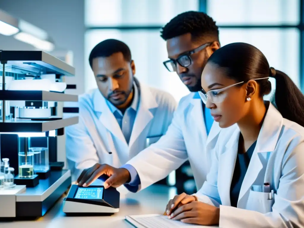 Equipo diverso de científicos y profesionales médicos trabajando en tratamientos y avances en vitíligo en un moderno laboratorio científico