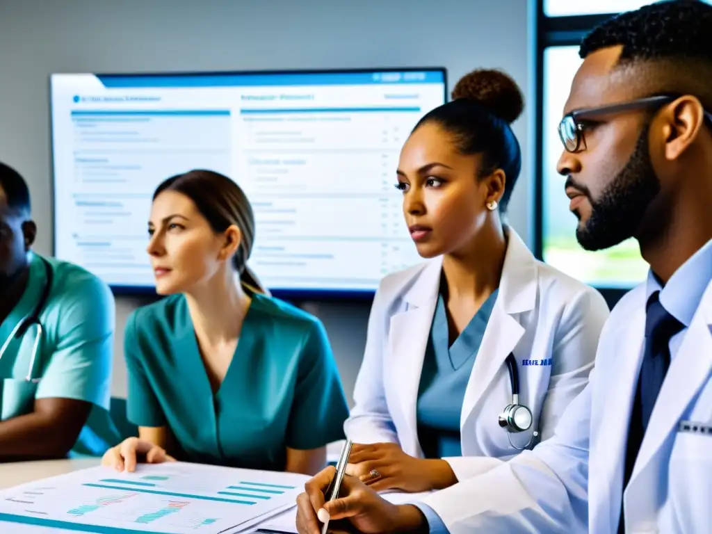 Un equipo diverso de profesionales de la salud discute planes de tratamiento y costos para el manejo de alergias, resaltando la importancia de un enfoque integral y coordinado para el mejor plan de salud alergias