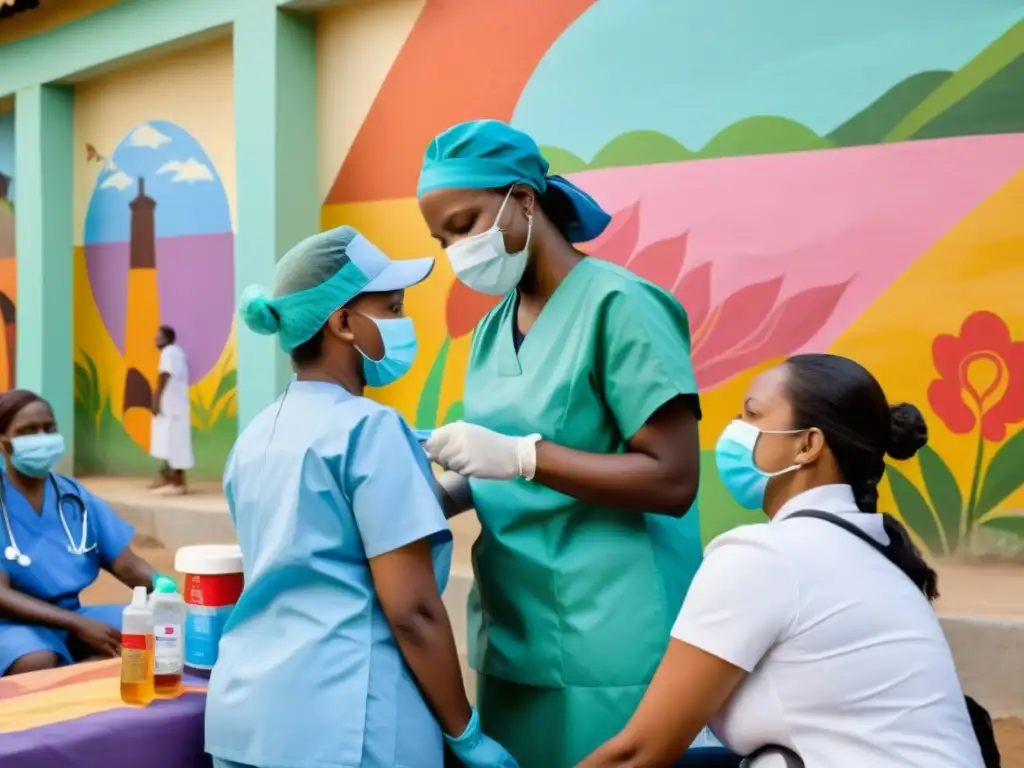 Un equipo diverso de trabajadores de la salud administra vacunas y brinda atención médica en una comunidad desfavorecida