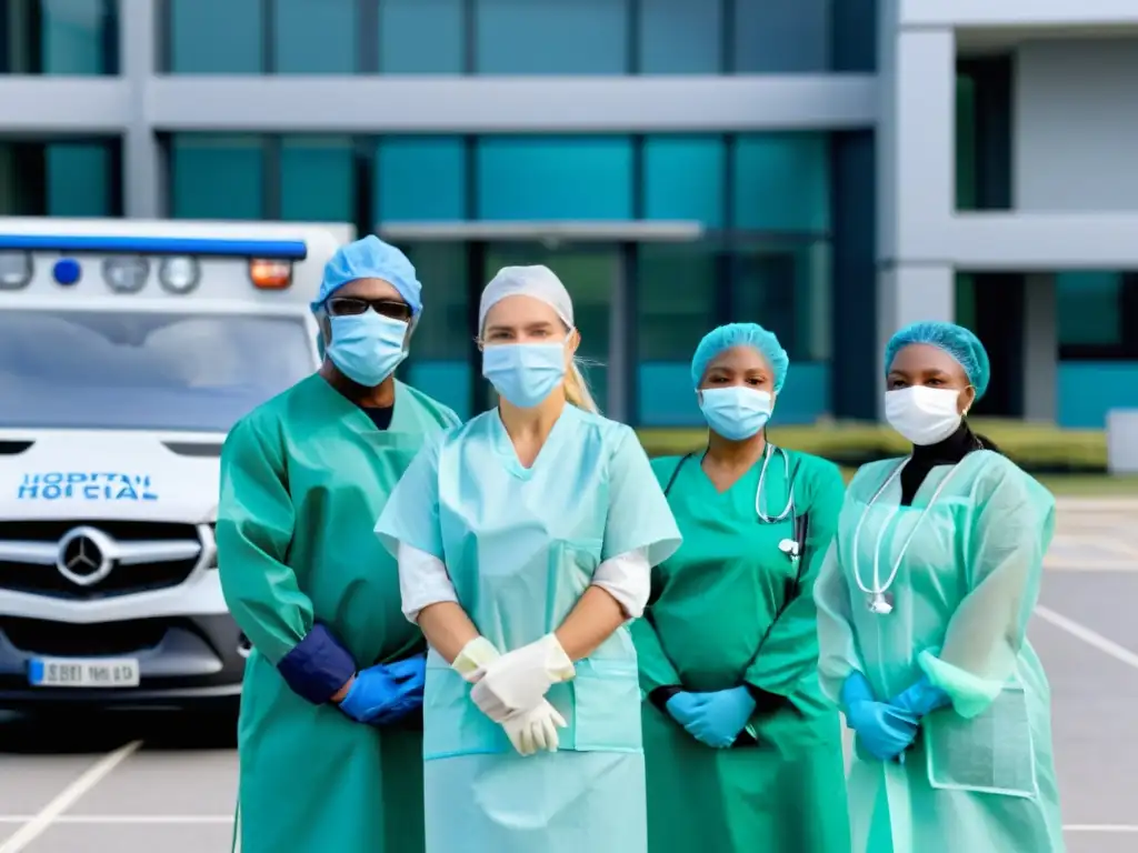 Equipo de salud diverso en protección completa frente a hospital