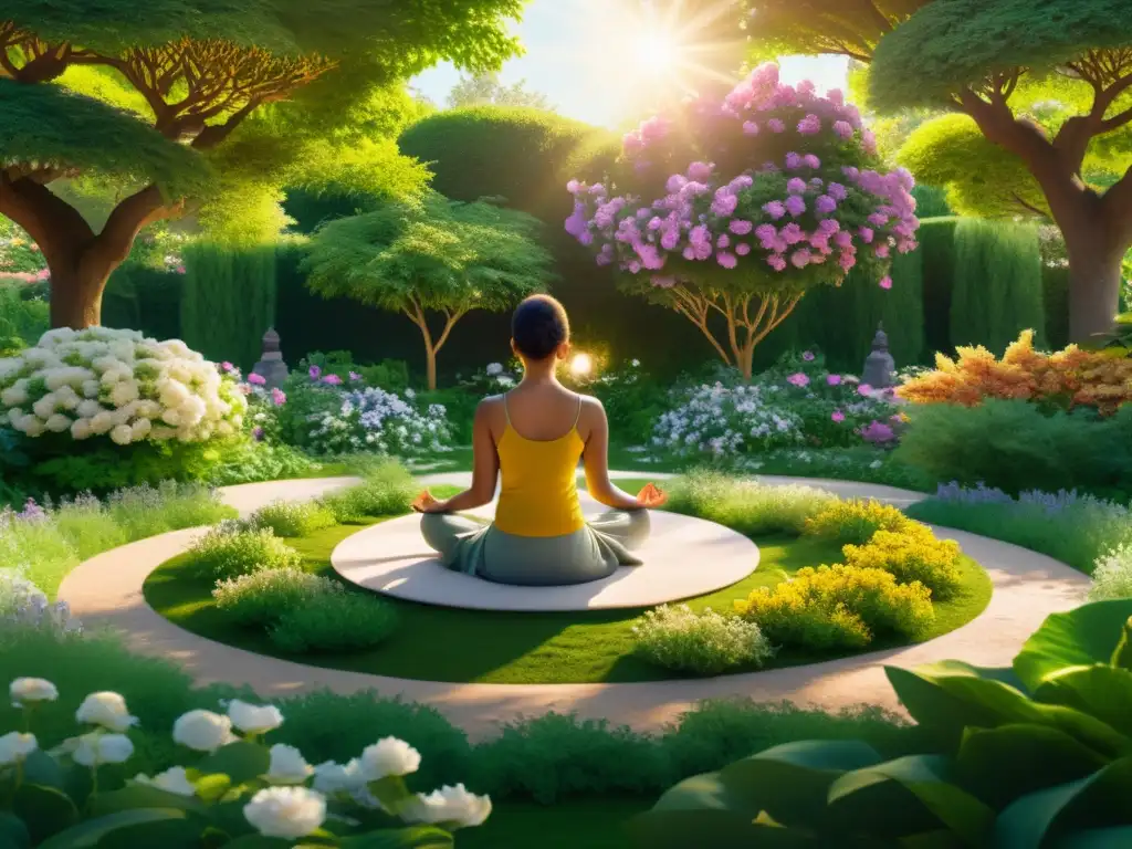 Una escena de jardín de meditación con flores vibrantes y una persona en profunda meditación, rodeada de luz dorada