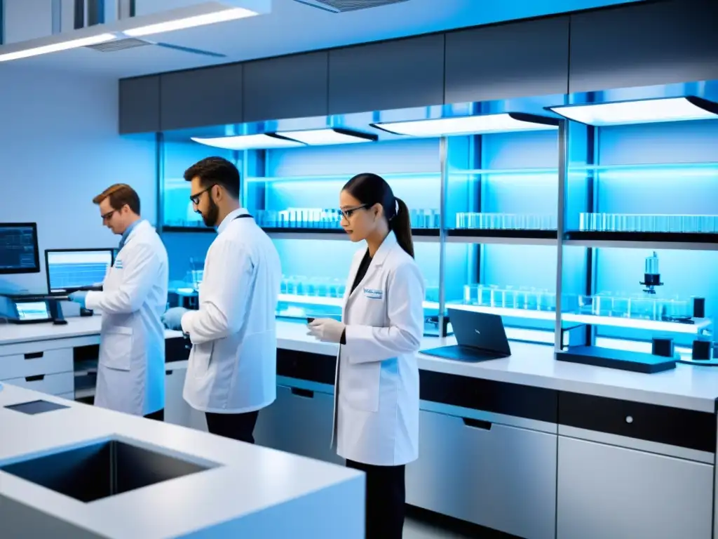 Escena de laboratorio con científicos en batas blancas y equipo de biotecnología de vanguardia