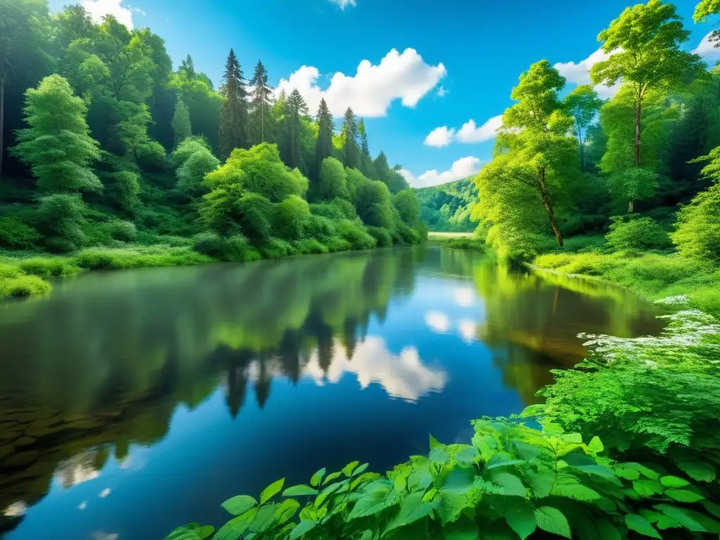 Escena natural serena y tranquila con un frondoso bosque verde, un río apacible y el cielo azul