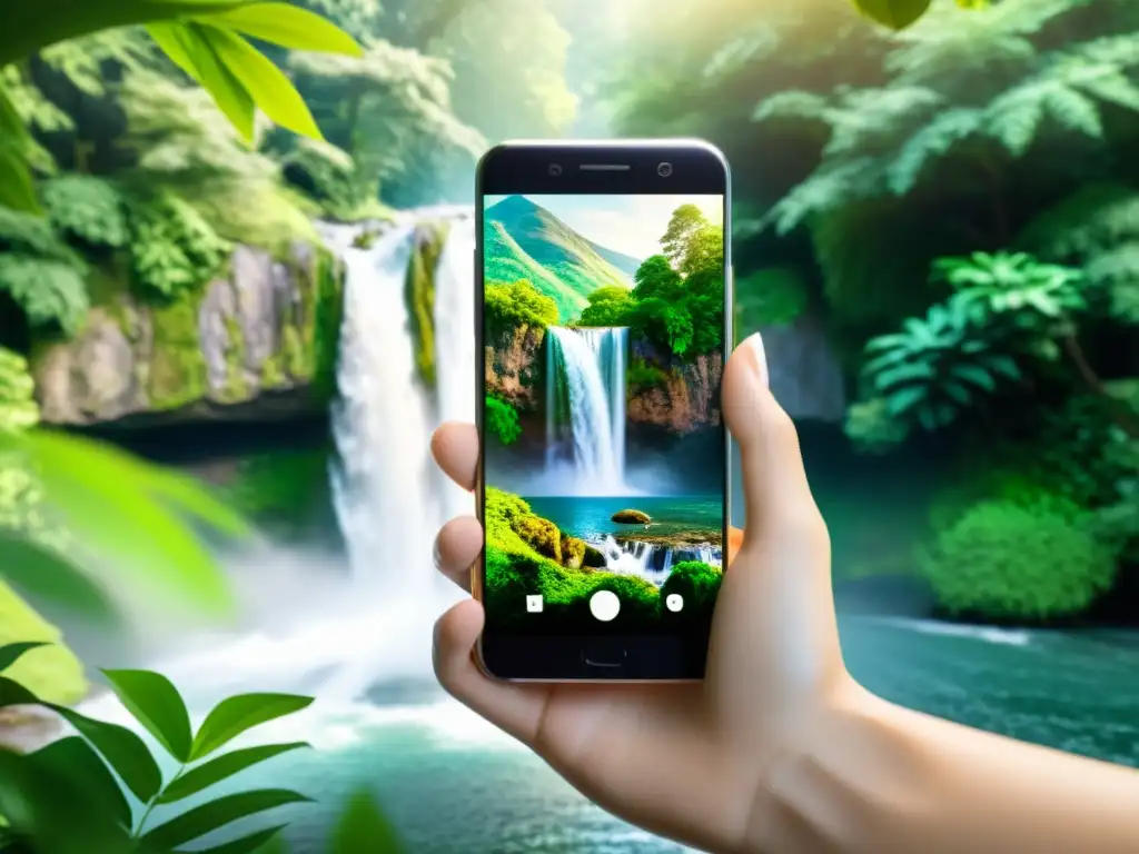 Escena relajante en pantalla de smartphone con apps para potenciar inmunidad y estrés, mostrando serena cascada en la naturaleza