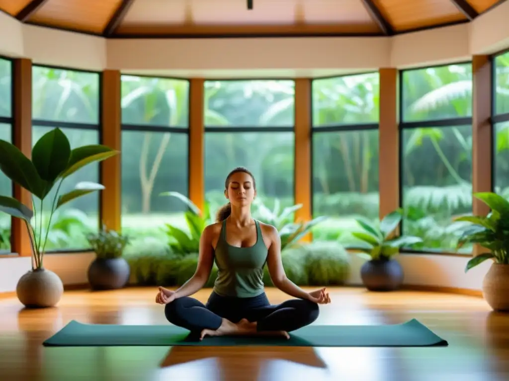 Escena relajante de Yoga Nidra para sistema inmunológico en un estudio tranquilo con iluminación natural y plantas exuberantes