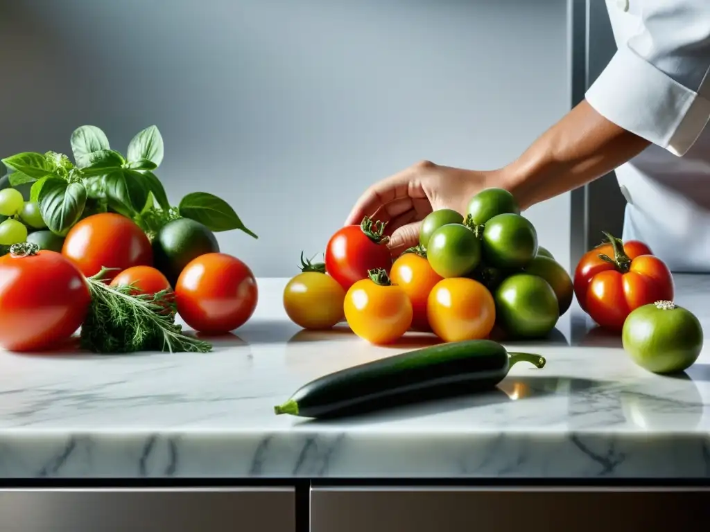 Una escena vibrante de cocina con ingredientes frescos y coloridos en una encimera de mármol