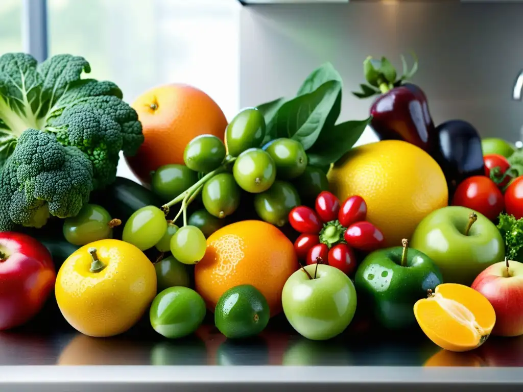 Una escena vibrante y colorida de frutas y verduras frescas en una cocina minimalista