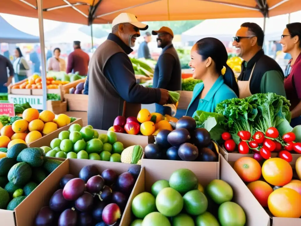 Una escena vibrante y diversa en un mercado, con frutas y verduras coloridas