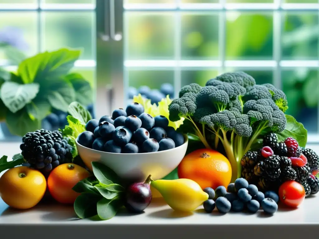 Una escena vibrante de frutas y verduras antioxidantes en una cocina moderna, resplandeciendo bajo la luz solar