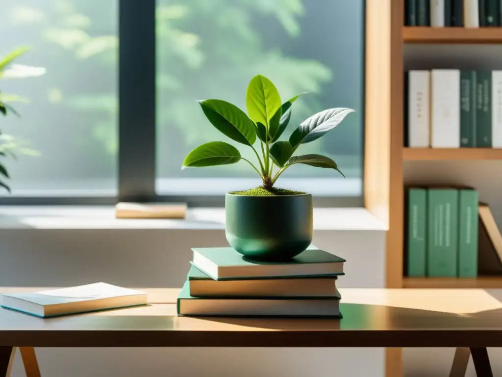 Escritorio minimalista con planta verde, ventana iluminada y libros sobre técnicas para fortalecer el sistema inmunológico y manejar el estrés