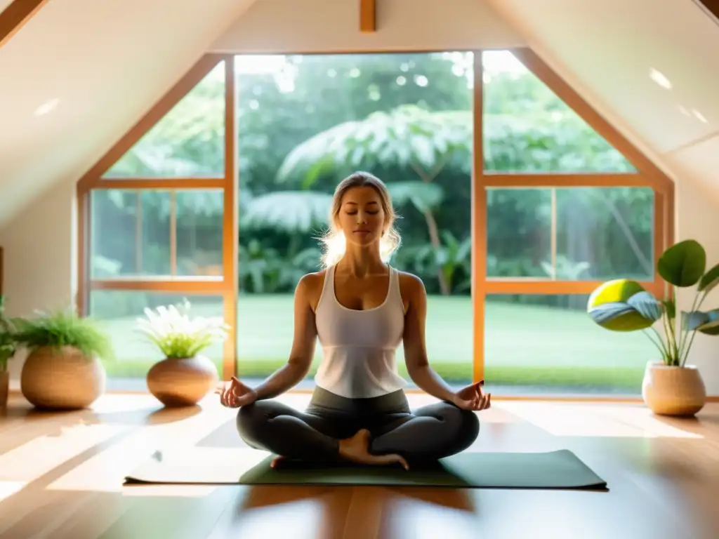 Espacio de meditación en dormitorio moderno con vista a jardín