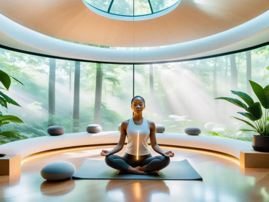 Espacio de meditación futurista con tecnología avanzada y vistas a un bosque, para aplicaciones de meditación y ciencia