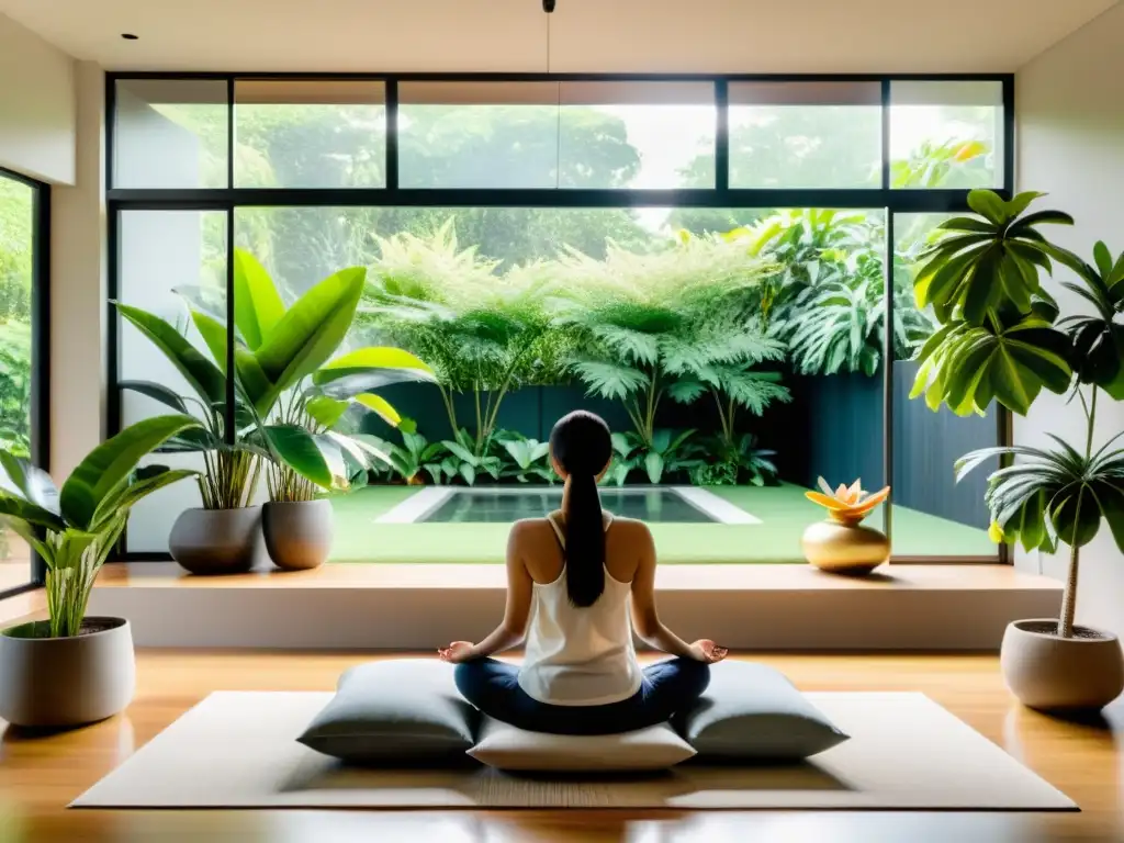 Espacio de meditación en hogar moderno con vista a jardín