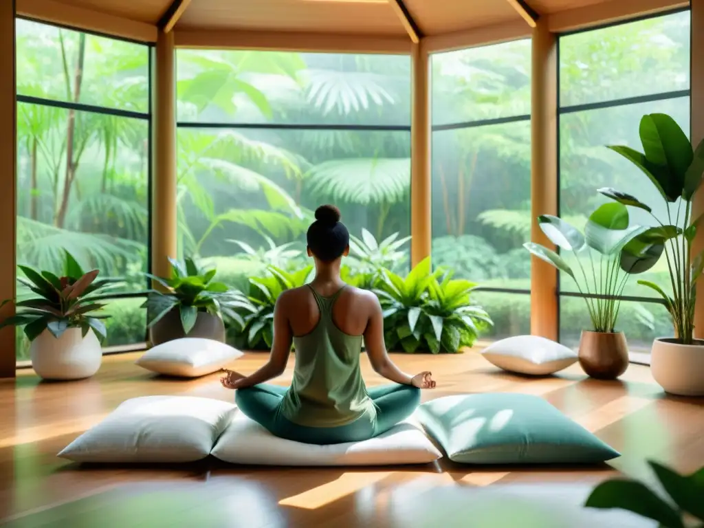 Espacio de meditación con luz natural, plantas y persona tranquila, ideal para desactivar estrés y fortalecer el sistema inmunológico