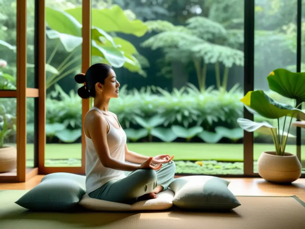 Espacio de meditación guiada con vista a jardín, luz natural y decoración minimalista para reforzar el sistema inmunológico