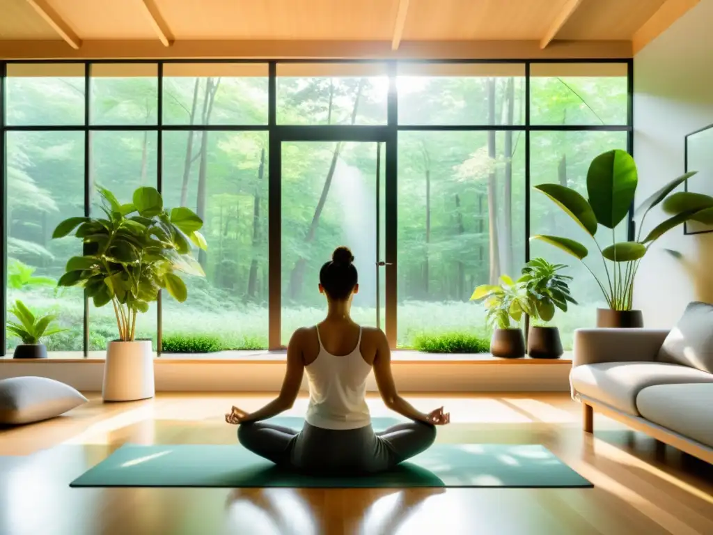 Espacio minimalista con vista a bosque, luz natural, yoga y plantas para un sistema inmunológico saludable sin tecnologías