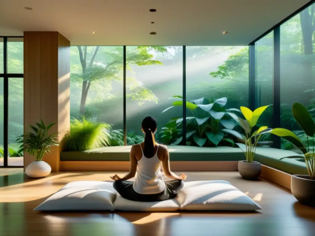 Espacio de meditación minimalista con vista al bosque