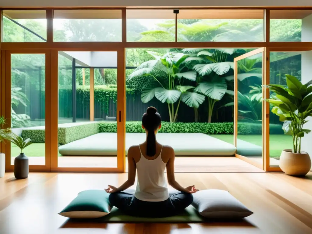 Espacio de meditación moderno con conexión a la naturaleza para aplicaciones de meditación y ciencia