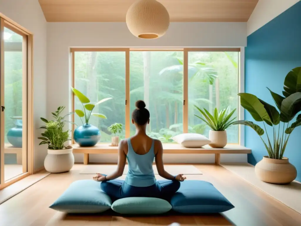 Un espacio de meditación moderno y sereno con beneficios de la meditación guiada