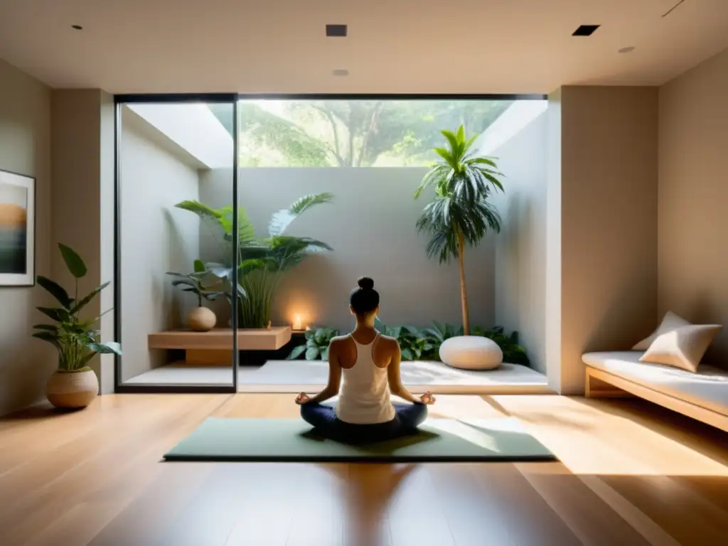 Espacio de meditación moderno y sereno con luz natural suave