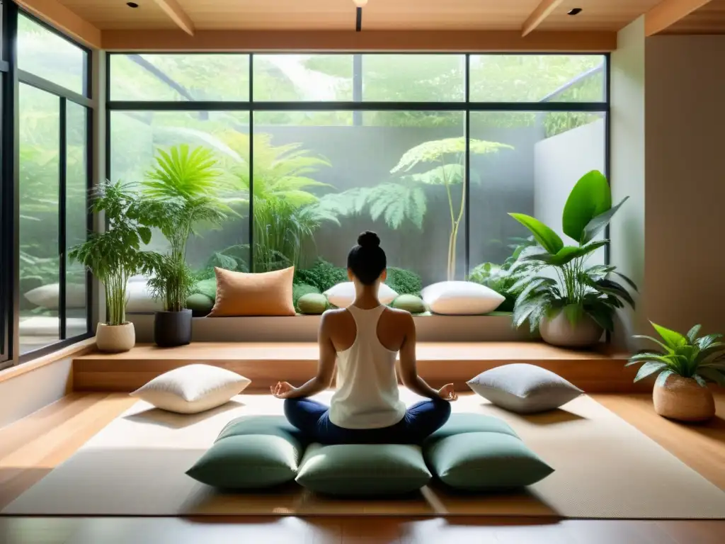 Espacio de meditación moderno y sereno con luz natural, cojines acogedores, jardín zen y beneficios de la meditación en inmunidad