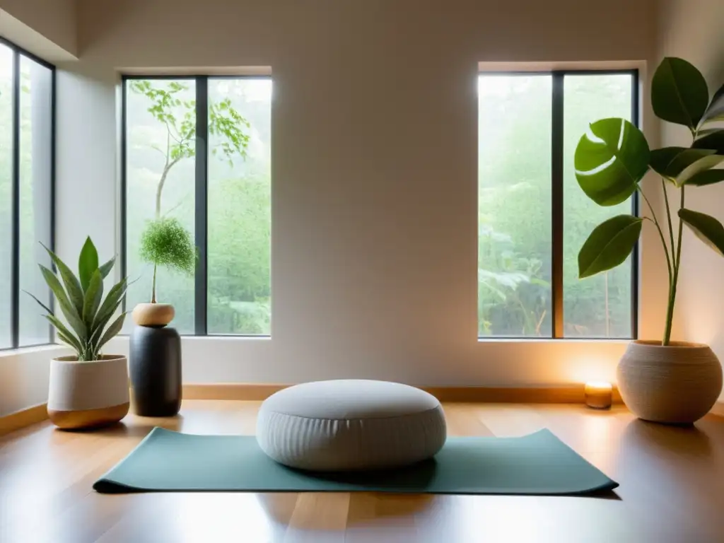 Un espacio de meditación moderno y sereno, con luz natural y elementos para la práctica