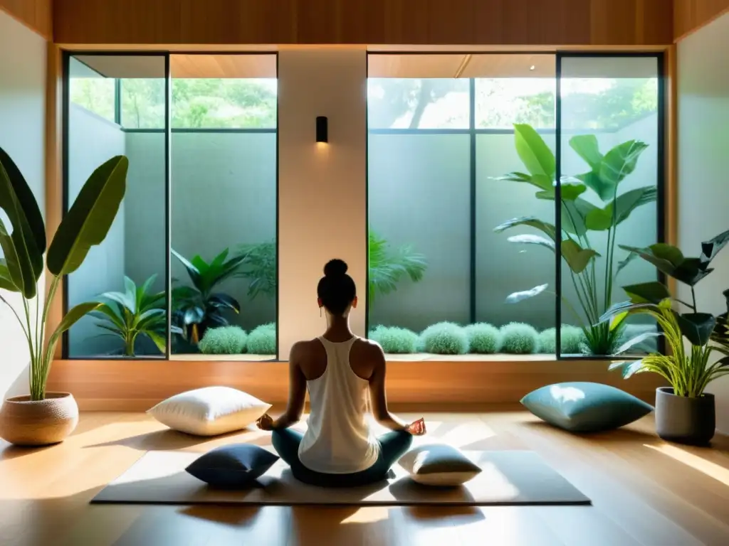 Espacio de meditación moderno y sereno con luz natural, mejora respuesta inmunológica meditación