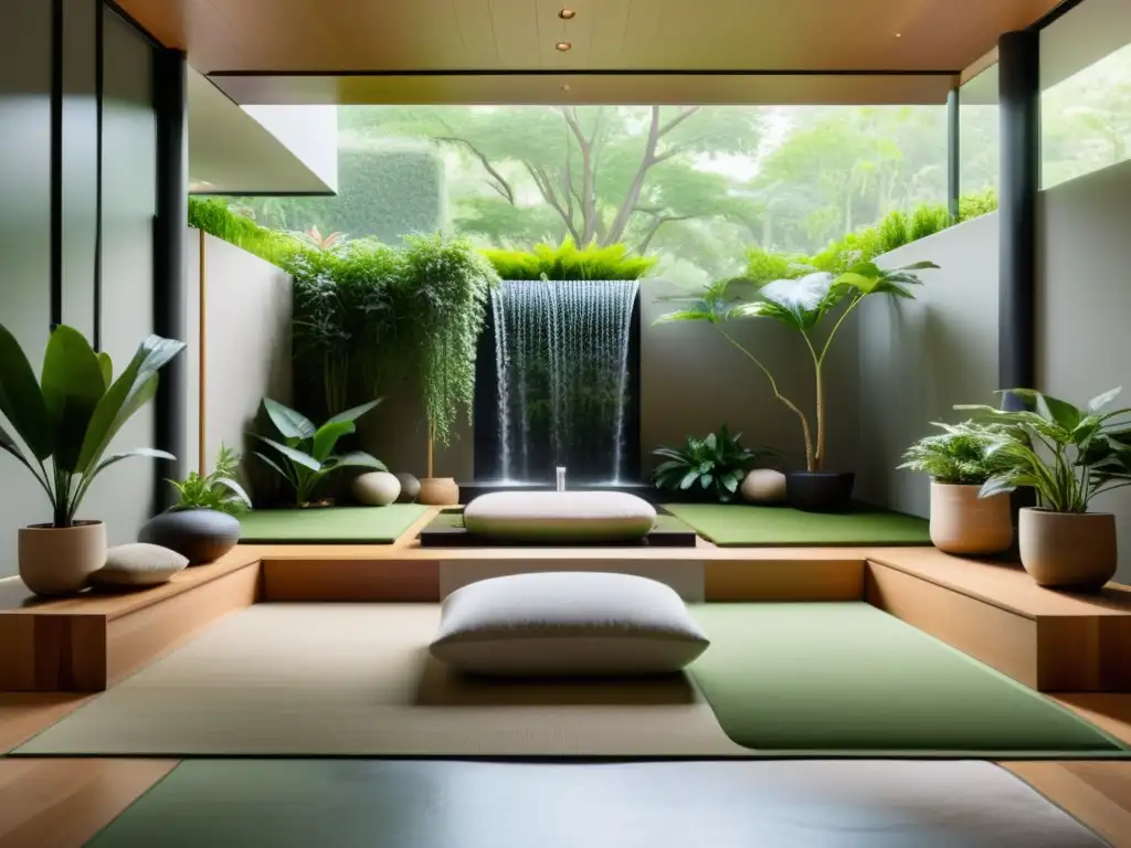 Espacio de meditación moderno y sereno, con ventanales y vista a un jardín exuberante