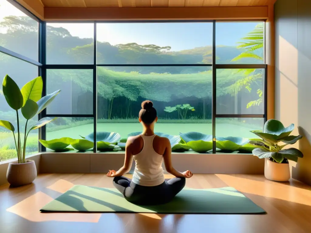 Espacio de meditación moderno y sereno con vista a la naturaleza exuberante, mejora respuesta inmunológica meditación