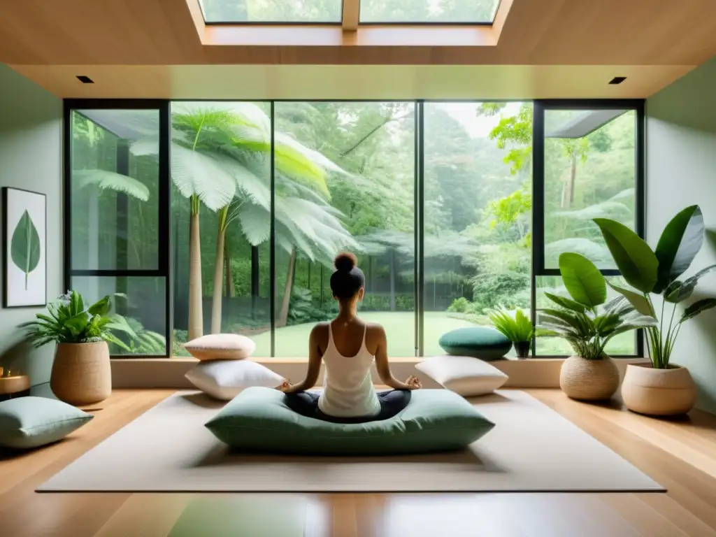 Espacio de meditación moderno y sereno con vista al bosque