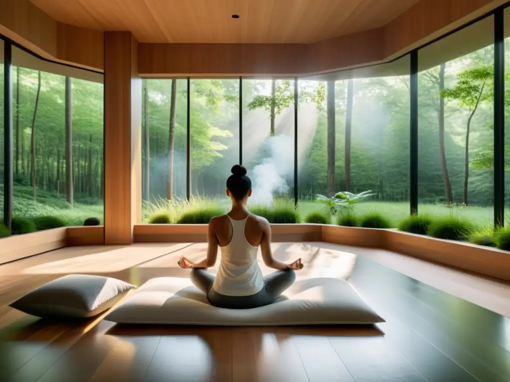 Espacio de meditación moderno y sereno con vista a un bosque