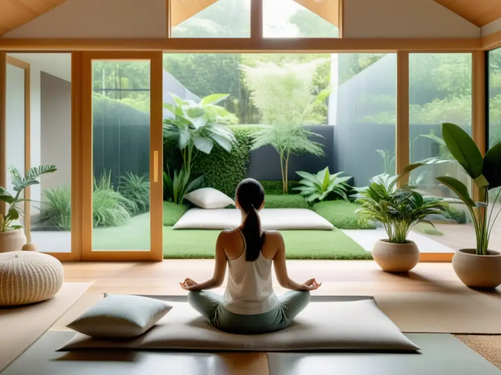 Espacio de meditación moderno y sereno con vista a un jardín tranquilo